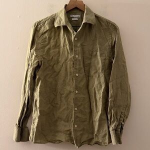 Zara Olive Green 100% Linen Button Down shirt long sleeve M